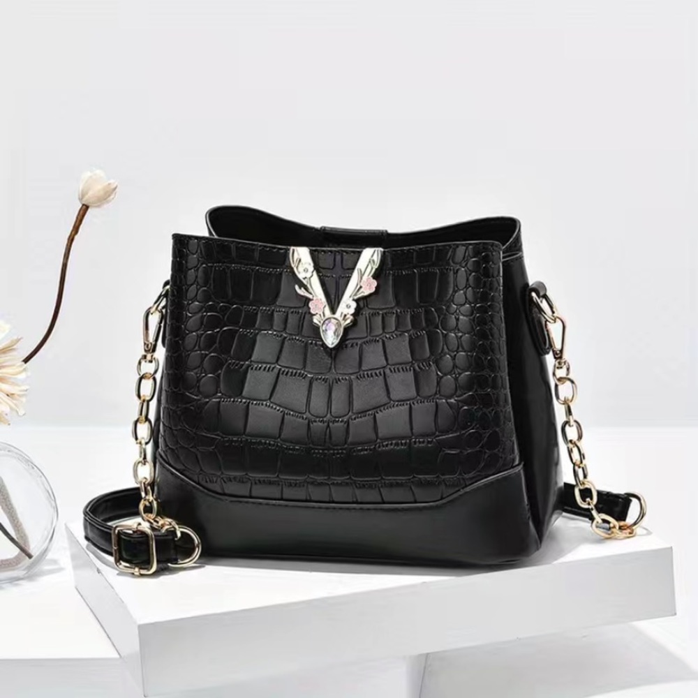 Crocodile Pattern Crossbody Bucket Bag - Black